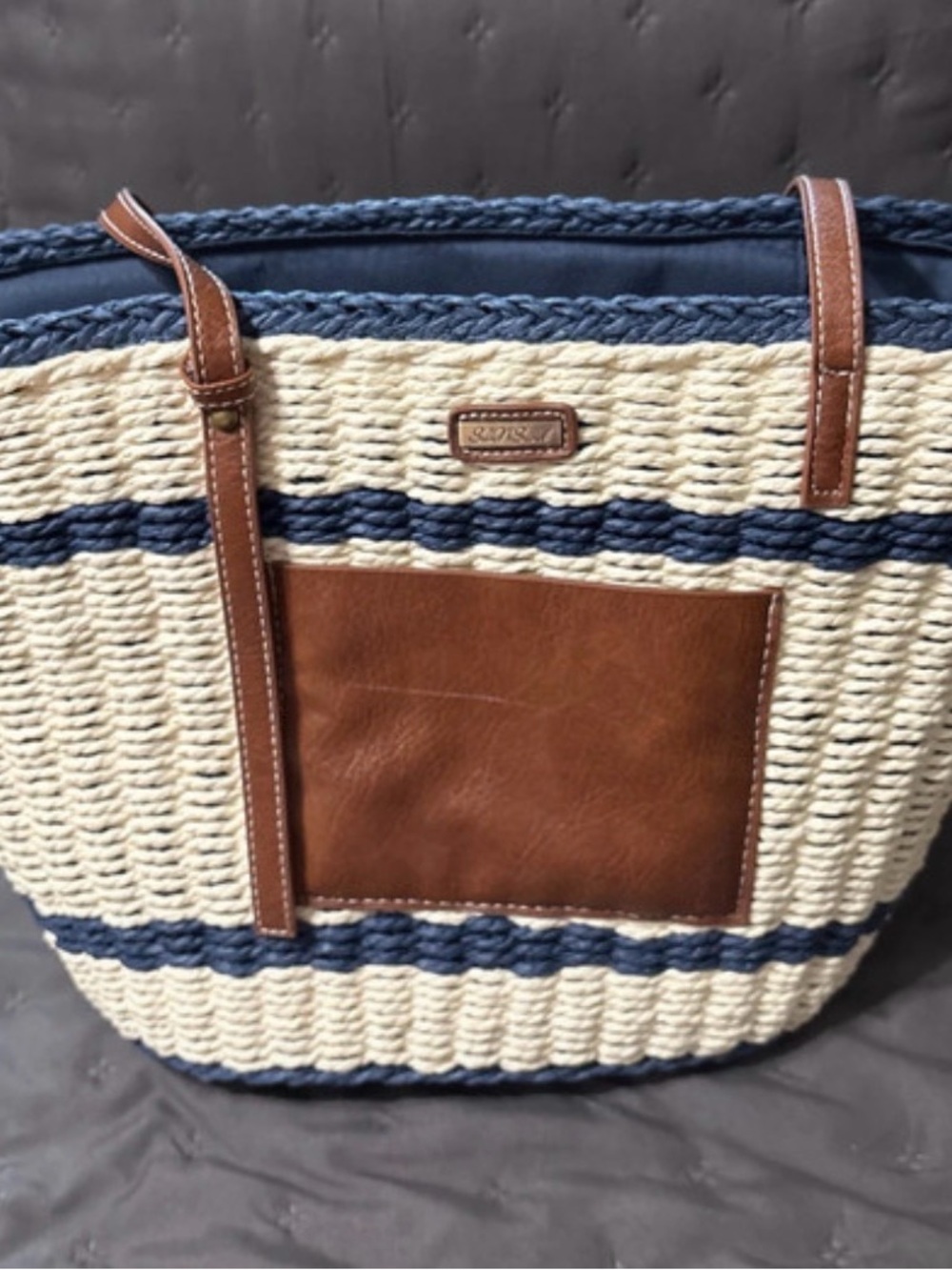 Sun N Sand Cream & Navy Woven Tote with Brown Trim